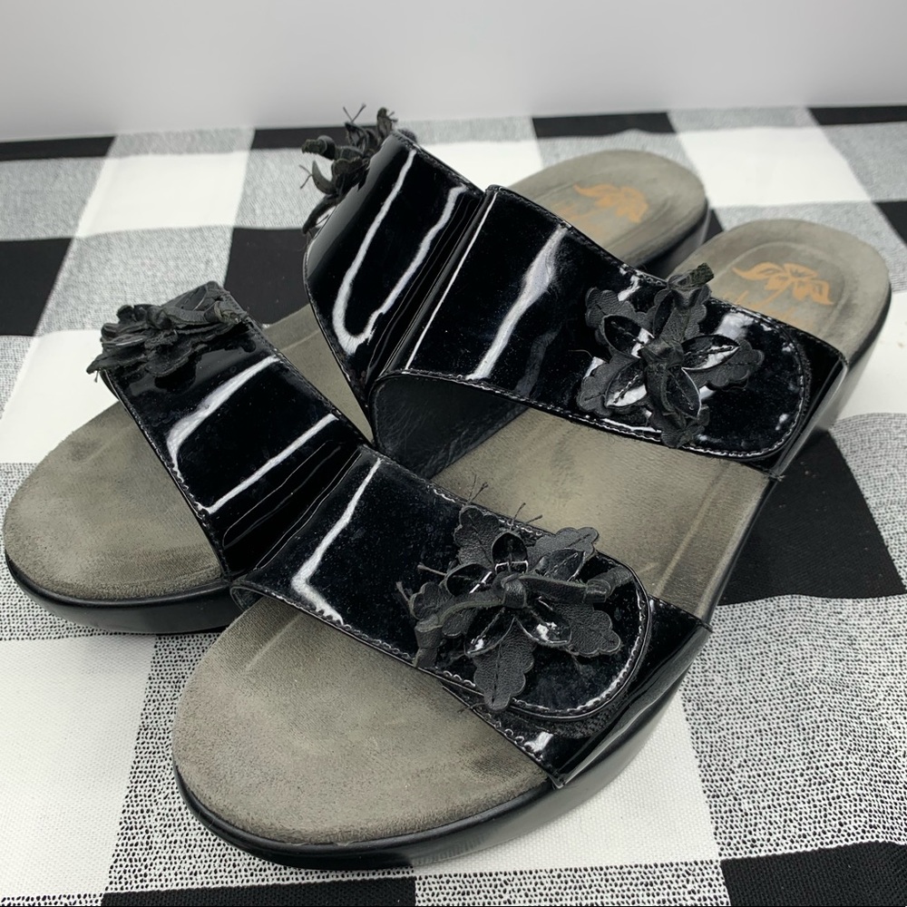 DANSKO Floral Detail Slip On 2 Strap Black Sandals